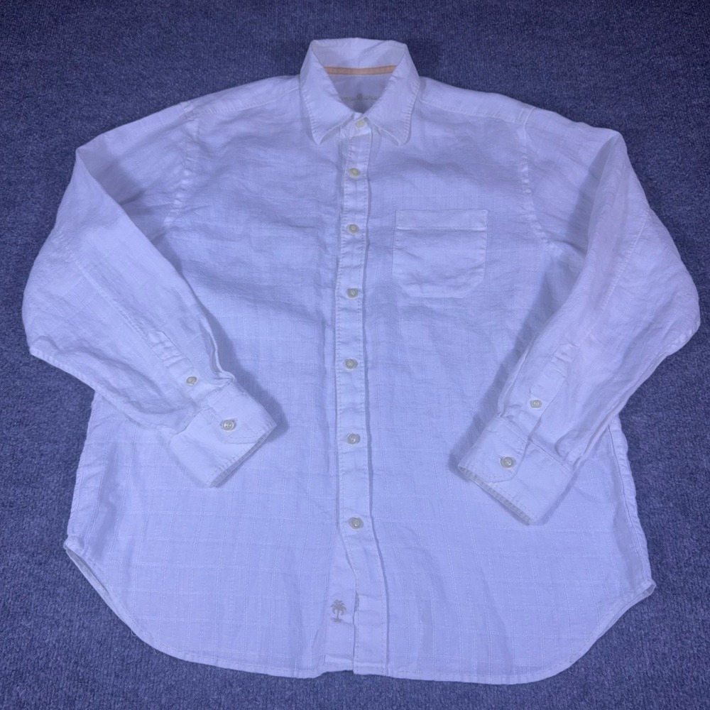 Tommy Bahama Mens White 100% Linen Long Sleeve Button Up Shirt Tonal Check M